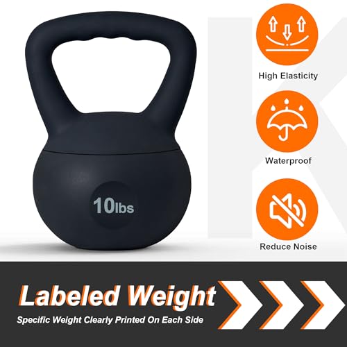 soges PVC One-Piece Kettlebell with Wide Handles, Strength Training Kettlebells 5lb to 35lb Optional for Women of Different Levels, Iron Sand Filled Soft Kettlebell - color: 10lbs - Black