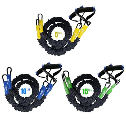 Valor Fitness Resistance Bands - 5lb to 25lbs - Carabiners Attached & 2 Bands per Weight Option with Handles– Sheath Covered - Strength Training New Compact 39" Design - Wall Door Rack Mount Options - color: Black -Set of 5,10,15lb Pairs