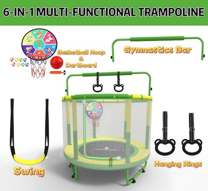 60" 6-in-1 Kids Trampoline, 5ft Mini Toddler Trampoline for Girls Boys - color: Yellow&Green 6-in-1