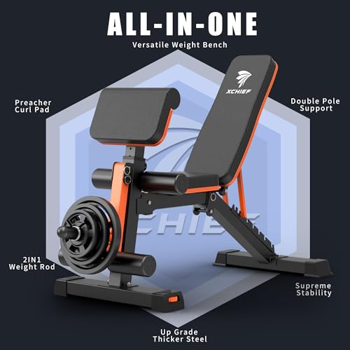 Adjustable Weight Bench - 1000LBS Capacity Heavy Duty Foldable Workout Bench for Full Body Exercise, Flat/Incline/Decline, Bench Press for Home Gym with Preacher Pad & Leg Extension