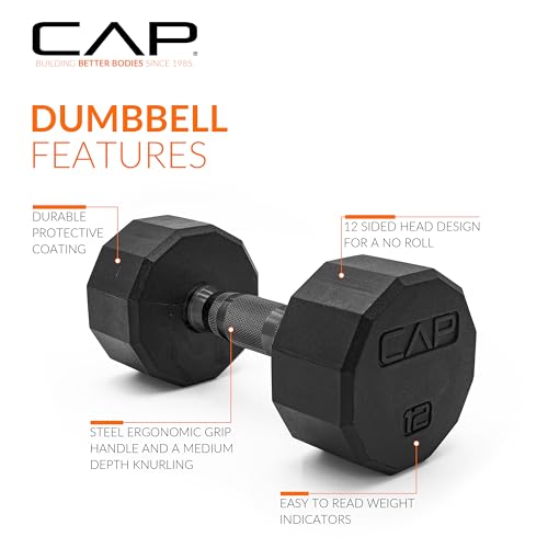 CAP Rubber Coated Dumbbell Weights, Free Weights for Home Gym Strength Training, Anti-Roll Hex Dumbbells with Black, Chrome & Comfort Grip Handles, Pairs & Sets - size: 12 lb - Pair, style: 12-Sided - Black Handle