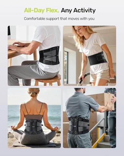 Rakiie Slim Back Brace for Lower Back Pain Relief, Lightweight & Breathable Back Support Brace for Men Women, Ergonomic Light Lumbar Support for Everyday Wear, Light Gray XL