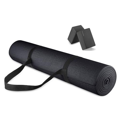 Signature Fitness All Purpose 0.25 Inch Thick High Density No Tear Exercise Yoga Mat with Strap & Lightweight Features for Indoor & Outdoor Use, Black