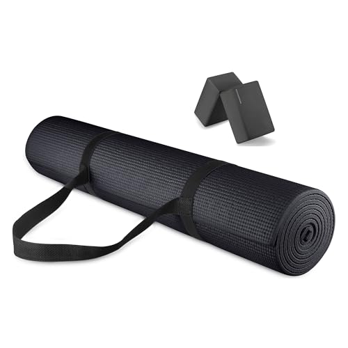 Signature Fitness All Purpose 0.25 Inch Thick High Density No Tear Exercise Yoga Mat with Strap & Lightweight Features for Indoor & Outdoor Use, Black