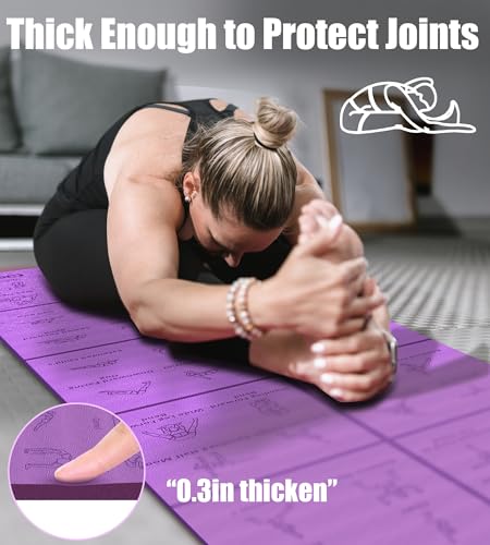 Foldable Thick Yoga Mat with Asanas Poses -Christmas Gifts for Wife and Girls, Non-slip 8mm Thicken Instructional Exercise Mat for Home Workout, 72"x24"x0.3" (Purple) ﻿