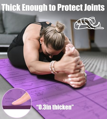 Foldable Thick Yoga Mat with Asanas Poses -Christmas Gifts for Wife and Girls, Non-slip 8mm Thicken Instructional Exercise Mat for Home Workout, 72"x24"x0.3" (Purple) ﻿