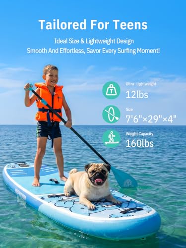 Niphean (Extra Large) Inflatable Paddle Board, SUP for 2+1 People/Family 500lbs Capacity Stand Up Paddle Board with SUP Accessories, StabilTrac Fin Non-Slip Paddleboard for Adults - color: Cyan Blue
