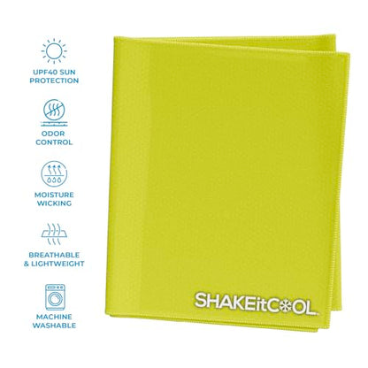 SHAKEitCOOL Extended Size Cooling Towel – Be Cool in Style - Heat Relief, Soft, Lightweight, Sun Protection, Easy Clean - Perfect for Biking, Hiking, Running, Yoga, Golf, Gardening - Safety Yellow M - color: Safety Yellow