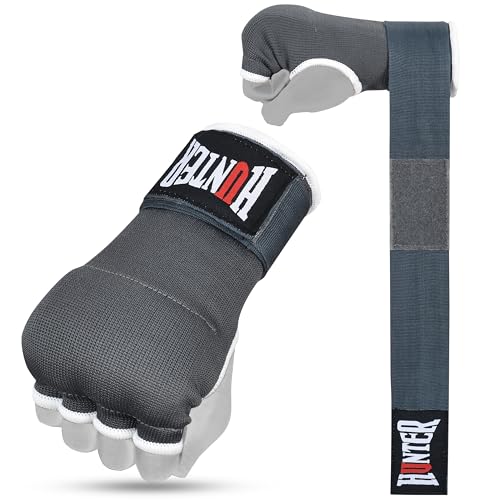 HUNTER Gel Boxing Hand Wraps for Men & Women, Quick Inner Gloves with Wrist Support for MMA, Muay Thai, Kickboxing & Martial Arts Training, Knuckle Protection (Pair) - color: Gray, size: Large-X-Large