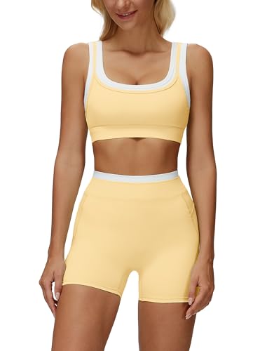 ABOCIW Womens Layerd Workout Sets Square Neck Sports Bra Tummy Control High Waist Biker Shorts Yoga Pilates Outfits - color: Butter Yellow, size: X-Small