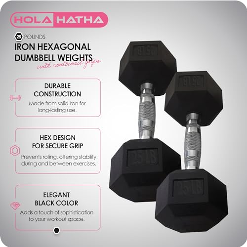 HolaHatha Hexagonal Rubber Dumbbell Weights Set, Home Gym Equipment - style: 25lb Pair
