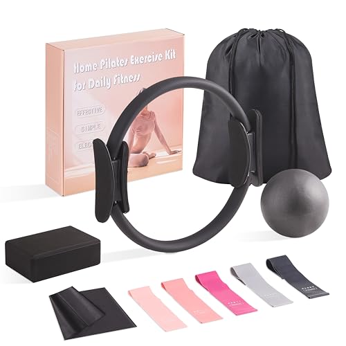 10 Pcs Pilates Equipment Present Pilates Ring Set with Yoga Ring Ball Stretching Strap Risistance Bands Block Gym Bag - color: Black