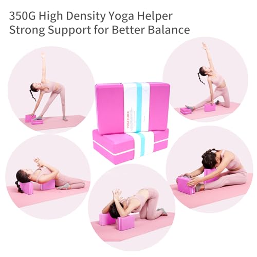 Yoga Blocks 2 Pack with Elastic Stretch Band & Bag – High Density Foam Yoga Blocks for Stability, Deep Stretching & Balance, 12-Loop Resistance Strap for Yoga, Pilates, Dance & Flexibility Training - color: Pink+Purple