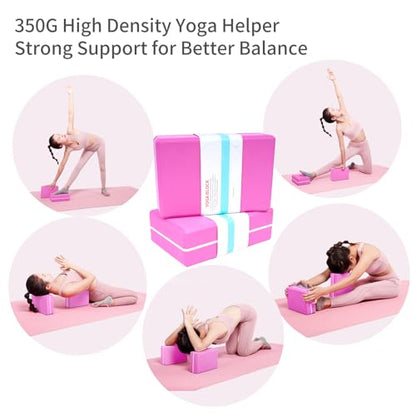 Yoga Blocks 2 Pack with Elastic Stretch Band & Bag – High Density Foam Yoga Blocks for Stability, Deep Stretching & Balance, 12-Loop Resistance Strap for Yoga, Pilates, Dance & Flexibility Training - color: Pink+Purple