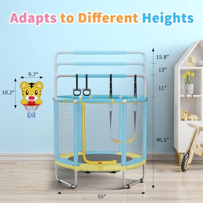 HomeCare 55" Trampoline for Kids, 440lbs Capacity ASTM-Approved Mini Toddler Trampoline with Safety Enclosure Net,4 in 1 Adjustable Gymnastics Bar & Toys, Indoor & Outdoor, Gifts for Boys & Girls Age