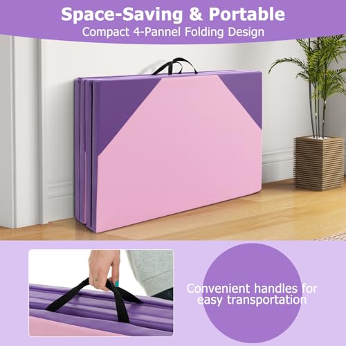 GYMAX Gymnastics Mat, 4 FT x 10 FT x 2 Inches Folding Exercise Mat w/Carrying Handles, Hook & Loop Fasteners, Tumbling Mat Waterproof for Yoga, Stretching, Home Gym