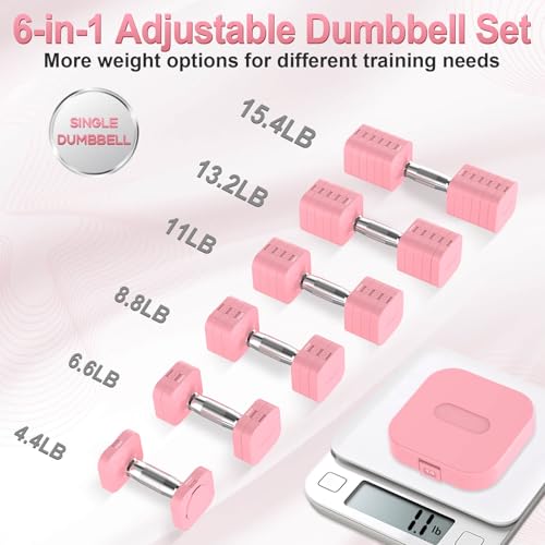 Hezeyferg 30.8LB Adjustable Dumbbell Set, Each Adjustable Weight Dumbbell with 6 Levels 4.4/6.6/8.8/11/13.2/15.4lb, Hand Weights Set for Men/Women Home Gym Exercise Workout - color: Pink