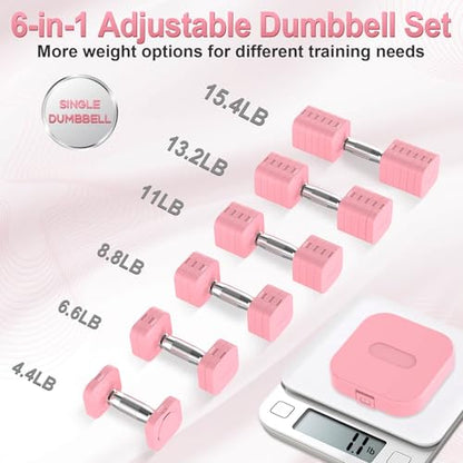 Hezeyferg 30.8LB Adjustable Dumbbell Set, Each Adjustable Weight Dumbbell with 6 Levels 4.4/6.6/8.8/11/13.2/15.4lb, Hand Weights Set for Men/Women Home Gym Exercise Workout - color: Pink