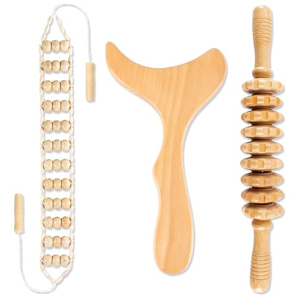 KintKita 3 in 1 Wood Therapy Massage Tool,Wooden Lymphatic Drainage Massager Maderoterapia Kit Professional Body Cellulite Massager for Body Sculpting,Contouring,Relief Muscle,Anti-Cellulite - style: Back Massager+Roller Stick+Contouring Board