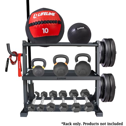Lifeline Fitness Home Gym 3-Shelf Dumbbell and Kettlebell Storage Rack with Rope and Band Hook - Holds up to 440 LBS - Robust Gym Equipment Storage Solution