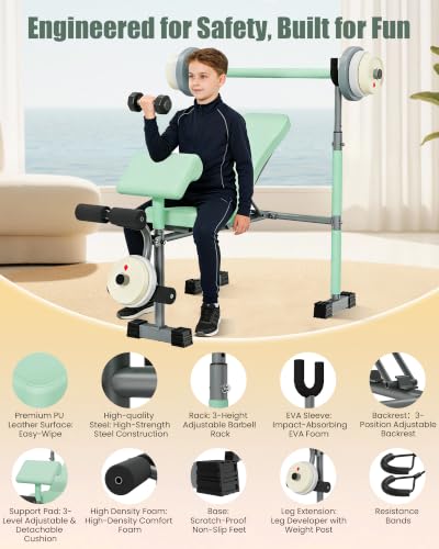 Kids Workout Equipment, Adjustable Kids Workout Bench with Preacher Pad & Leg Developer, Fillable Weight Plates for Home Gym Fitness & Exercise
