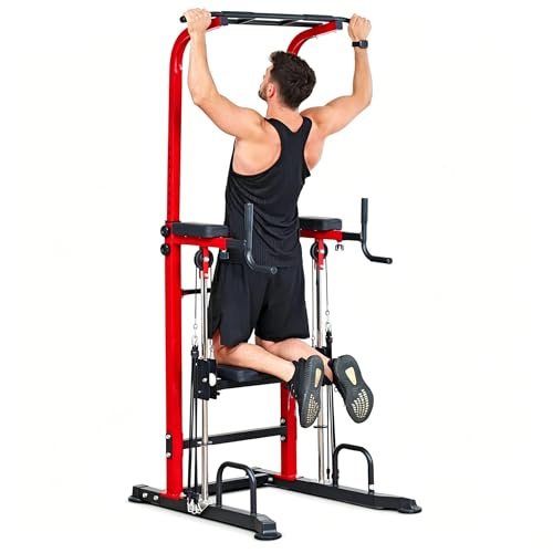 Dland Power Tower Dip Station Pull Up Bar Exercise Tower, Multifunctional Adjustable Height Training Equipment for Home Gym, Free Standing Assisted Fitness Workout Pullup Rack Station Machine - color: Red