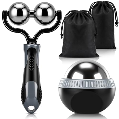 2 Pcs Massage Ball Roller Ice Cold and Hot for Deep Tissue and Sore Muscle Relief Manual Self Massage Ball with Drawstring Bag for Muscle, Neck, Back, Foot, Body, Ergonomic Handle, Portable