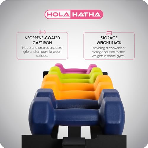 146 Pound Neoprene Coated Non Slip Dumbbells with Rack for Strength Training, Includes 3, 5, 8, 10, 12, 15, & 20 Pound Sets, Multicolor