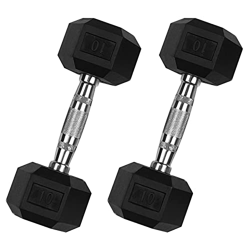 Rubber Hex Dumbbells 10LB Pair - Premium Contoured Knurled Chrome Handle Includes 2x 10 pound weights