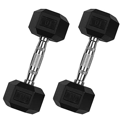 Rubber Hex Dumbbells 10LB Pair - Premium Contoured Knurled Chrome Handle Includes 2x 10 pound weights