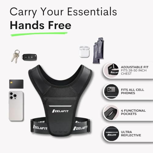 ZelaFit™ Running Phone Holder Vest for Women & Men – Lightweight Running Gear and Everyday Running Essentials – Chest Rig Phone Holder for Running (Black)