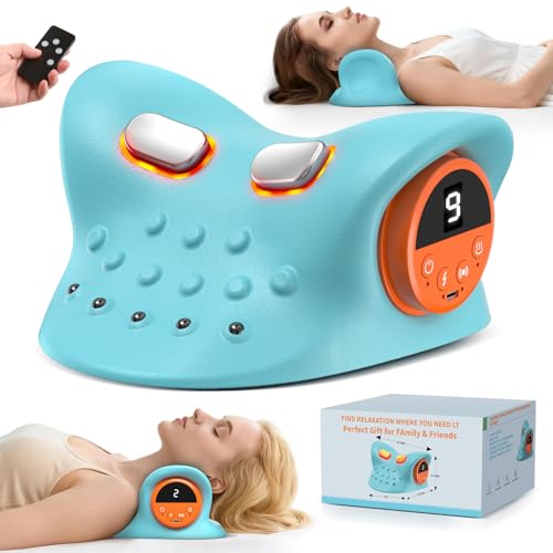 Smedz Neck Massager 2026, 4-in-1 Neck & Shoulder Massager with Multi-Directional Stretch, Heating & Vibration, 360° Remote Control–Ergonomic for Home, Office, Car Travel‌（Sky Blue‌）