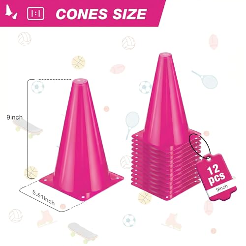 12pcs Cones 9 Inch Soccer Cones and Plastic Traffic Cones, Durable Cones for Sports Training, Ideal for Soccer, Basketball, Football, Skating, and Agility Drills Practice - color: pink