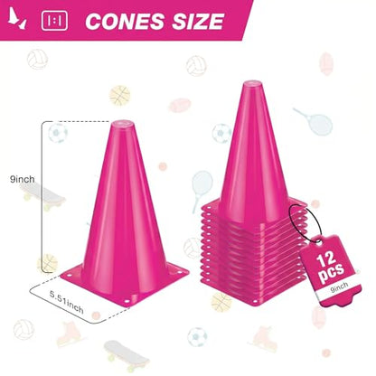 12pcs Cones 9 Inch Soccer Cones and Plastic Traffic Cones, Durable Cones for Sports Training, Ideal for Soccer, Basketball, Football, Skating, and Agility Drills Practice - color: pink