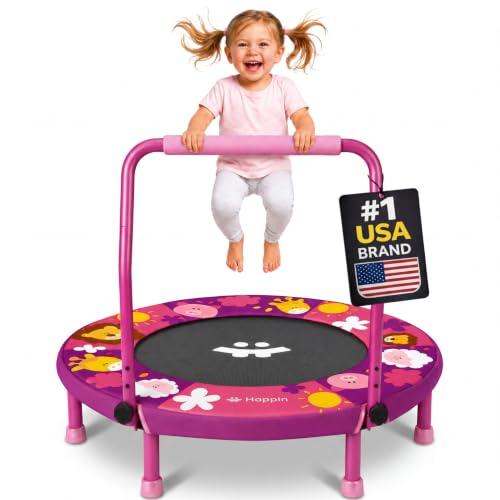 Happin® 36'' Toddler Trampoline Indoor, Foldable Mini Trampoline for Kids Ages 2-6, ASTM Certified, Adjustable Handle, Safety Pad for Indoor & Outdoor, Baby Trampolines, for Boy & Girl - color: Purple and Coral