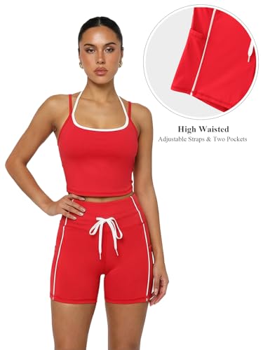 YOINS 2 Piece Women's Workout Sets Yoga Color Block Sports Bra and High Waisted Adjustable Biker Shorts with Pockets Set