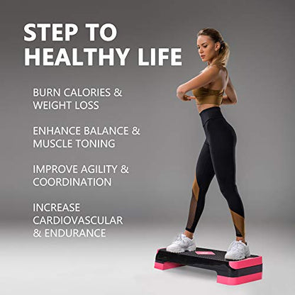 Adjustable Workout Aerobic Stepper, Aerobic Exercise Step Platform with 2 Risers, Exercise Step Deck for Fitness, 26.5" Trainer Stepper with Non-Slip Surface Home Gym & Extra Risers Options - color: Pink&Black