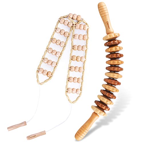 2PCS Wood Therapy Massage Tools, Wooden Massage Roller Stick & Back Massager Roller Rope, Maderoterapia Kit Colombiana for Lymphatic Drainage, Anti Cellulite, Body Sculpting, Ease Deep Tissue