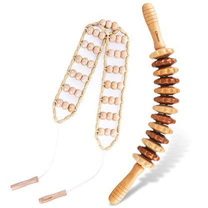 2PCS Wood Therapy Massage Tools, Wooden Massage Roller Stick & Back Massager Roller Rope, Maderoterapia Kit Colombiana for Lymphatic Drainage, Anti Cellulite, Body Sculpting, Ease Deep Tissue
