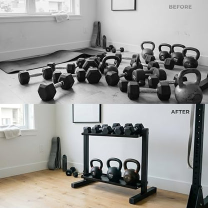 FEBTECH Heavy-Duty 2-Tier gym storage rack for Kettlebells, Compact kettlebell rack design as weight rack for home gym, steel weight storage racks organizer with secure weight holder Black