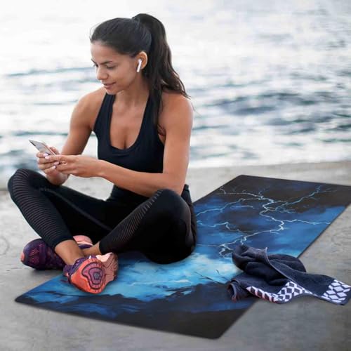 Kigai Travel Yoga Mat 71" x 24" Non Slip Natural Rubber Foldable Exercise Mat Ultra Thin 1.5mm Lightweight for Fitness, Pilates & Home Workout, Blue Lightning