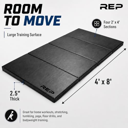 REP Fitness Folding Gym Mat, 4-Fold Design, Non-Slip Durable Exercise Mat for Home Workouts, Yoga, Tumbling, Stretching, and Floor Protection, Padded Gymnasium or Gymnastics Pad, 4’x8’, 2.5" Thick