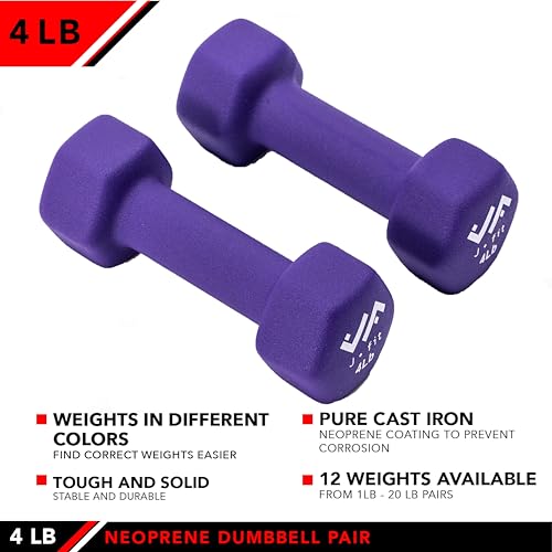 JFIT Dumbbell Pairs or Sets – Neoprene & Vinyl Coated Hand Weights for Home Gym, Strength Training, Aerobics, Cardio Exercise and Fitness - size: 4 lbs (Pair), style: Dumbbell Pair