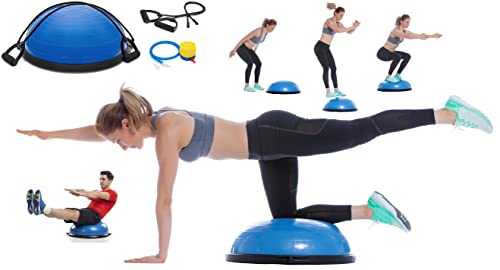 Half Ball Balance Trainer, Half Yoga Balance Board Exercise Ball for Full Body Workout, Stability Ball Platform, Core AB Training Strength Home Workout Fitness Physical Therapy, 2 Resistance Bands
