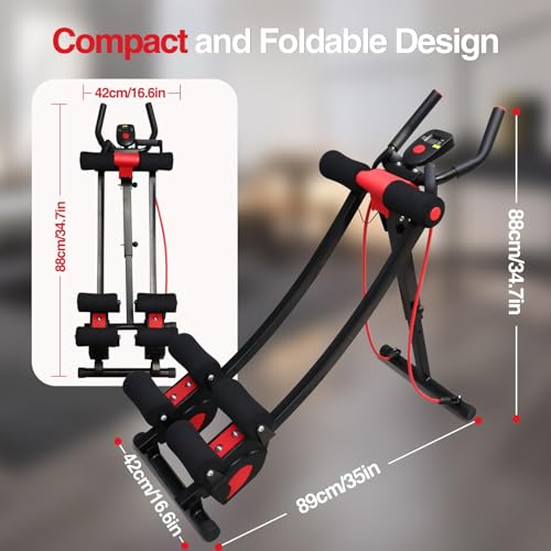 Dual Track Fitness Ab Machine Ab Cruncher, Adjustable Height Waist Trainer, Foldable Home Gym Equipment with 4 Adjustable Resistance Levels and Resistance Bands
