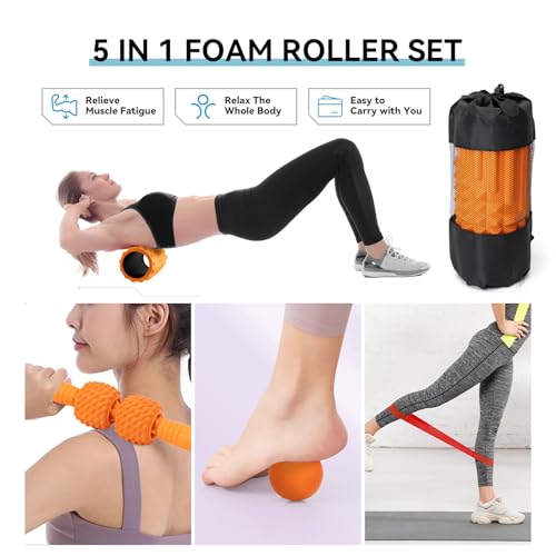 5 in 1 Foam Roller Set, High Density Fitness Exercise Foam Roller for Deep Tissue Muscle Massage, Massage Roller, Massage Ball, Resistance Band, for Whole Body(Orange)