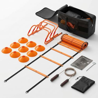Agility Ladder Training Set - Orange Speed & Footwork Equipment for Sports, Soccer & Fitness - Includes Resistance Parachute, Cones, Jump Rope & Carry Bag