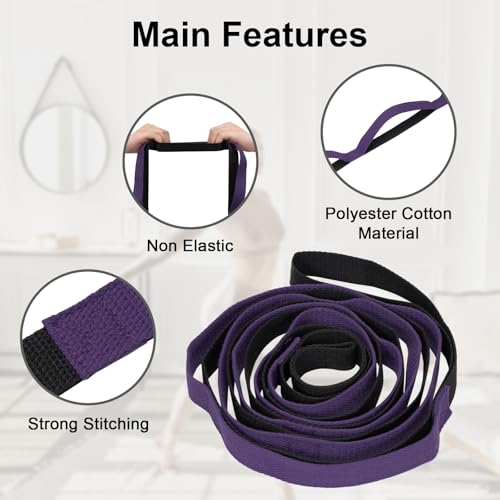 Amrules Yoga Strap for Stretching with 10 Loops Inelastic Soft Polyester Cotton Stretch Out Band for Exercise, Yoga, Pilates and Dance for Men and Women