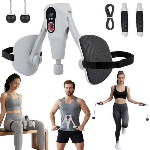 Abahub Inner Thigh Trainer with Display Counter, 0-132 LBF Adjustable Resistance Pelvic Floor Muscle Exerciser, Home Gym Kegel Trainer Includes Bands, Arm Workout Handles & Wireless Jump Rope - color: Grey
