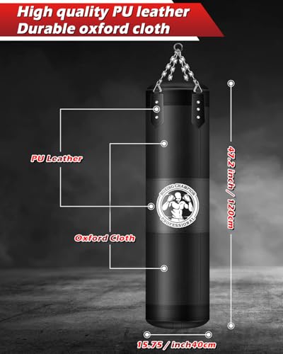 Punching Bag for Adults, 4FT PU Heavy Boxing Bags with Chain Ceiling Hook, Hanging Boxing Bag for Kickboxing Muay Thai Karate Judo Taekwondo Home Gym Training, Unfilled - style: Strong man